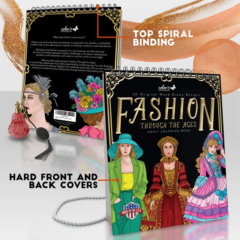 ColorIt Fashion Through The Ages Adult Coloring Book - 50 Single-Sided Designs, Thick Smooth Paper, Lay Flat Hardback Covers, Spiral Bound, USA Printed, Fashion Pages to Color - Image 2